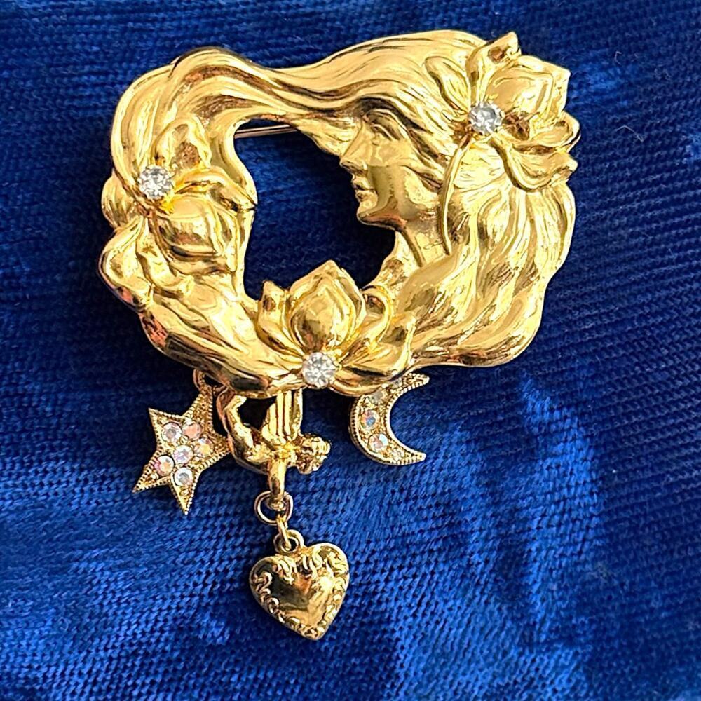 Kirk’s Folly Art Nouveau Lady of The Lake Face Gold Tone Rhinestone Brooch Pin